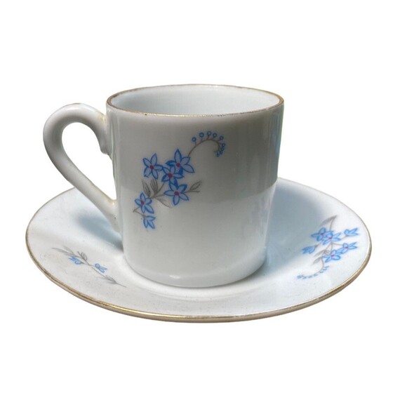 Vintage Tea Cup & Saucer Limoges Demitasse Porcelain Blue Floral Pattern - Picture 2 of 7